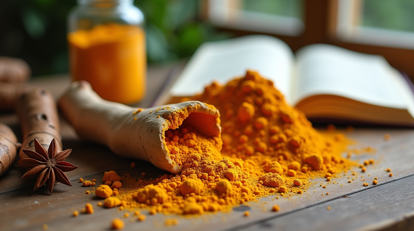 Illustration d'une racine de curcuma avec résultats de tests de CRP élevée